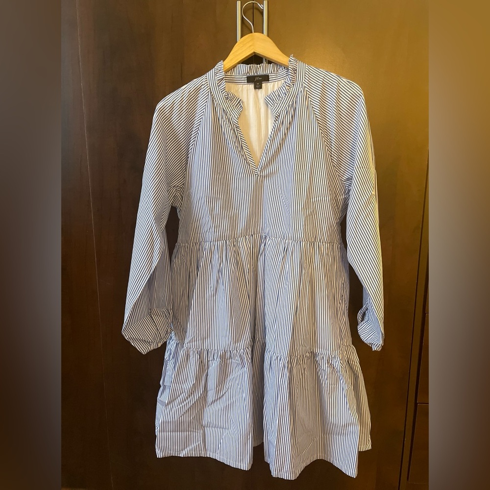 J.Crew Tiered popover dress in striped cotton poplin, banker blue, medium